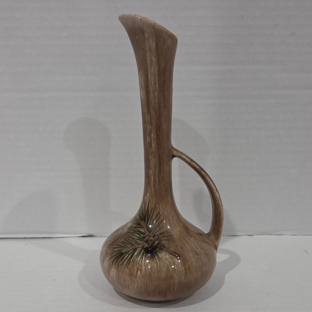 Vintage Ceramic Wood Grain Pinecone Bud Vase Brown Glazed Cabin Decor Handle